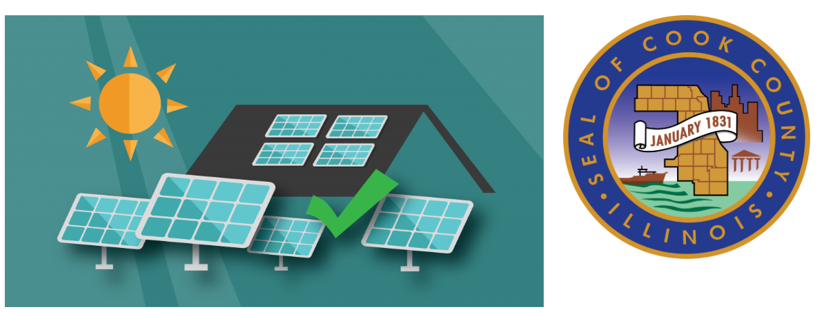 A display of solar panels with the Chicago city seal